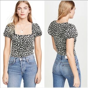 Free People Black White Leopard Print Pine Combo Square Neck Shirt Size L NEW
